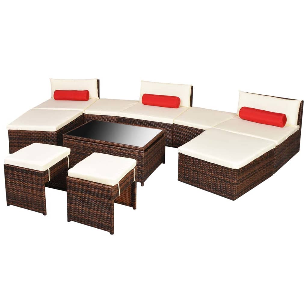 10 Piece Garden Lounge Set with Cushions Poly Rattan Brown