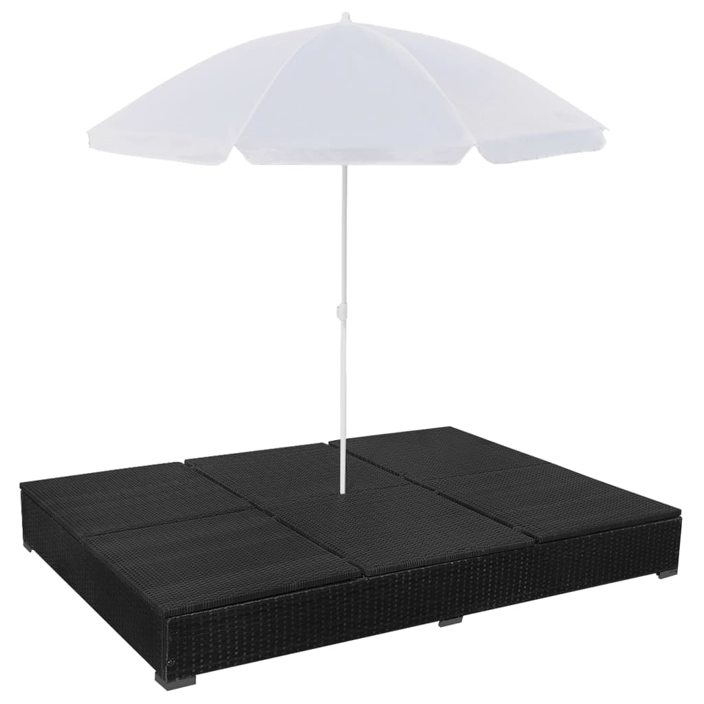 Outdoor Lounge Bed with Umbrella Poly Rattan Black