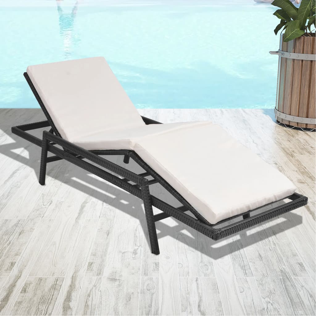 Sun Lounger with Cushion Poly Rattan Black