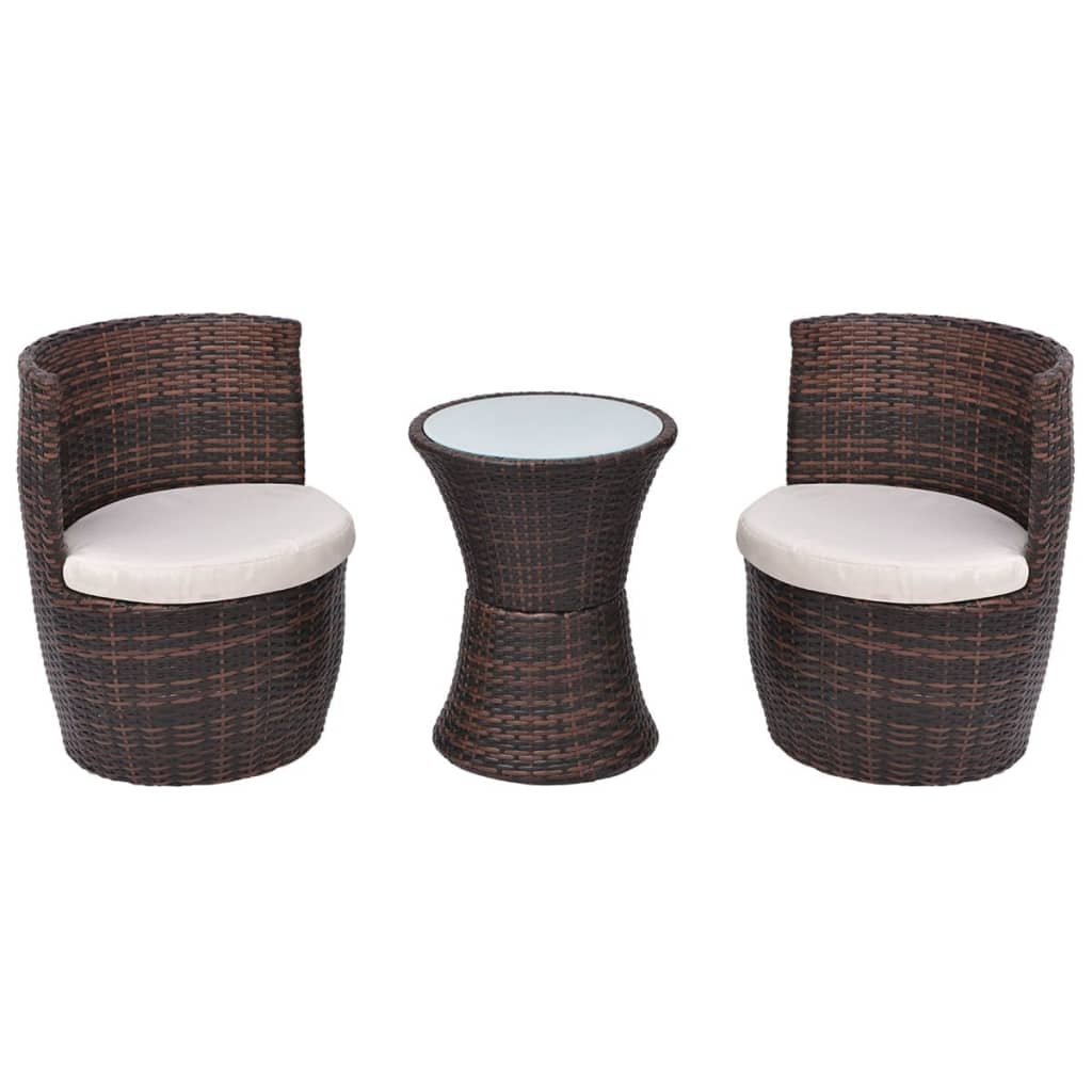 3 Piece Bistro Set with Cushions Poly Rattan Brown
