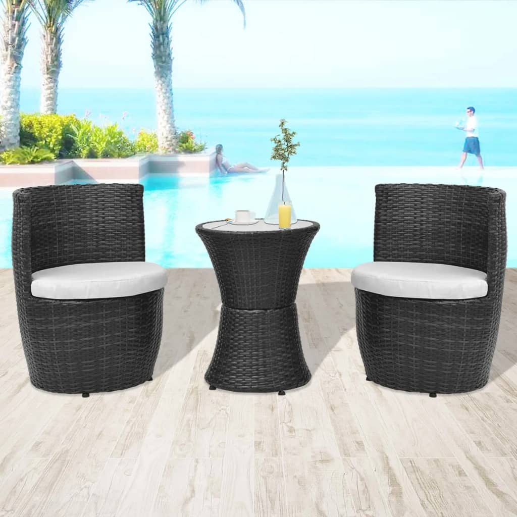 3 Piece Bistro Set with Cushions Poly Rattan Black