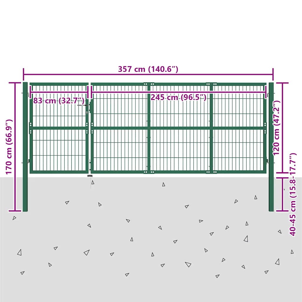 Garden Fence Gate with Posts 350x120 cm Steel Green