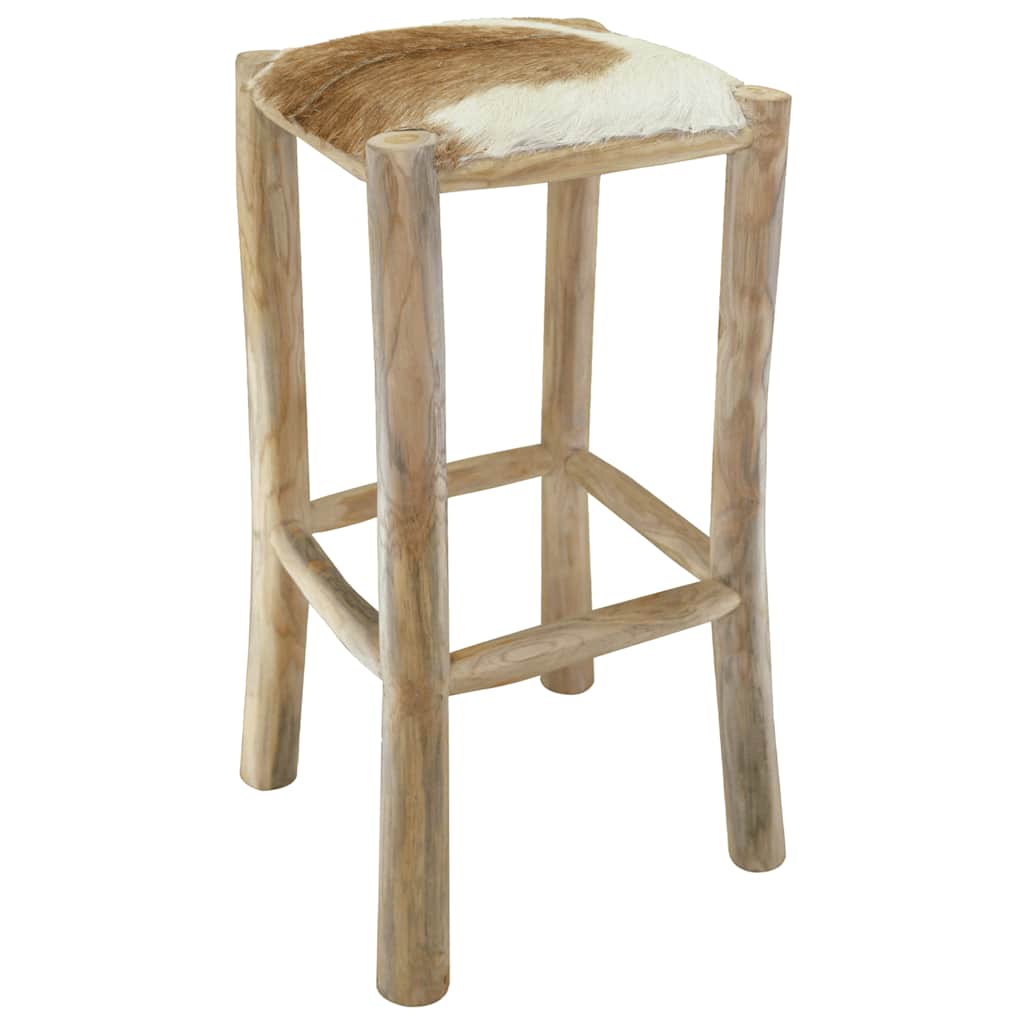 Bar Stool Goatskin Leather and Solid Teak Wood