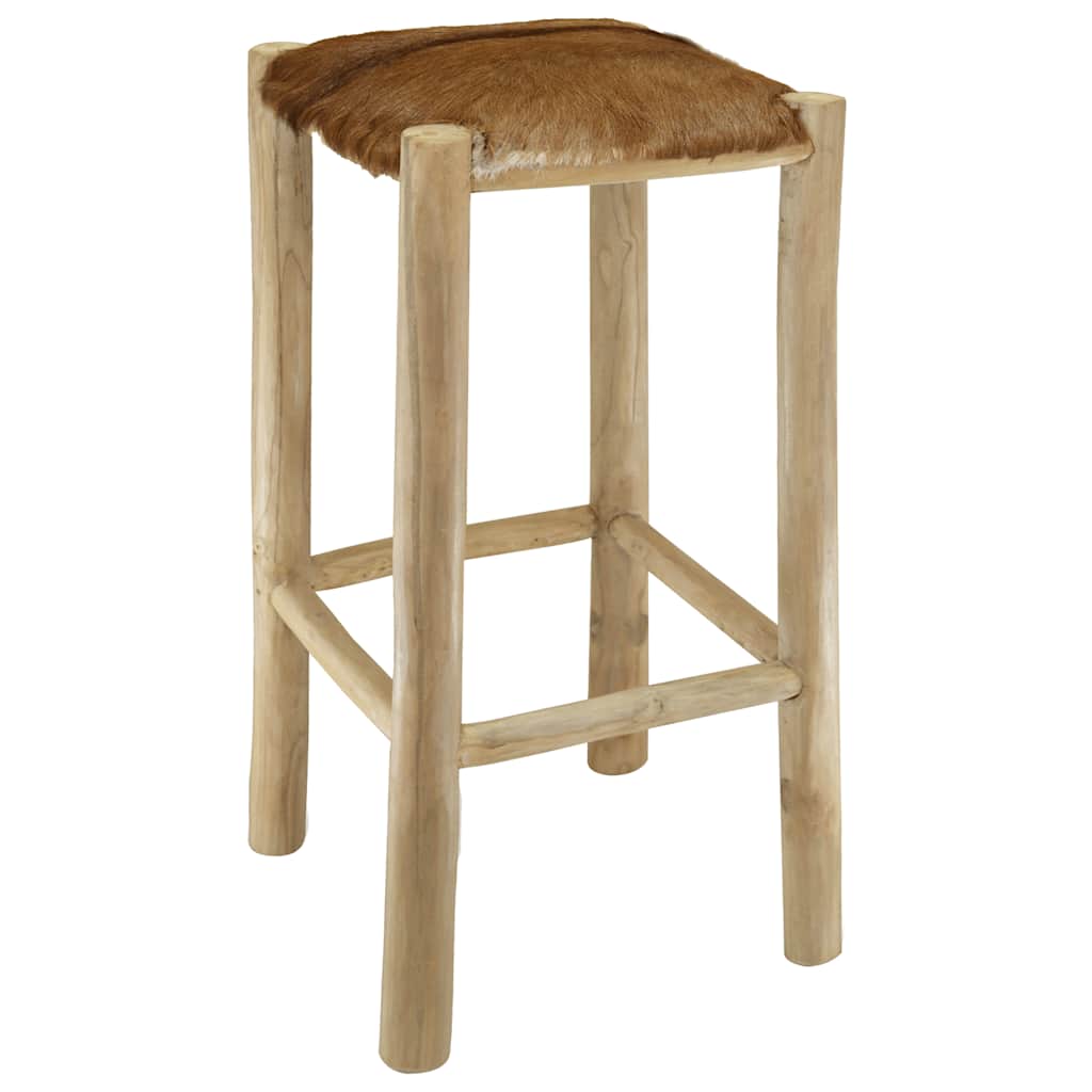 Bar Stool Goatskin Leather and Solid Teak Wood