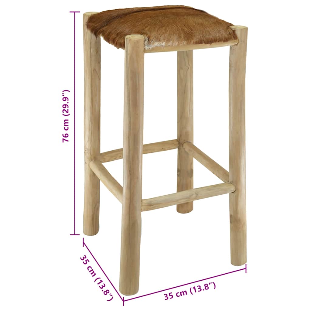 Bar Stool Goatskin Leather and Solid Teak Wood