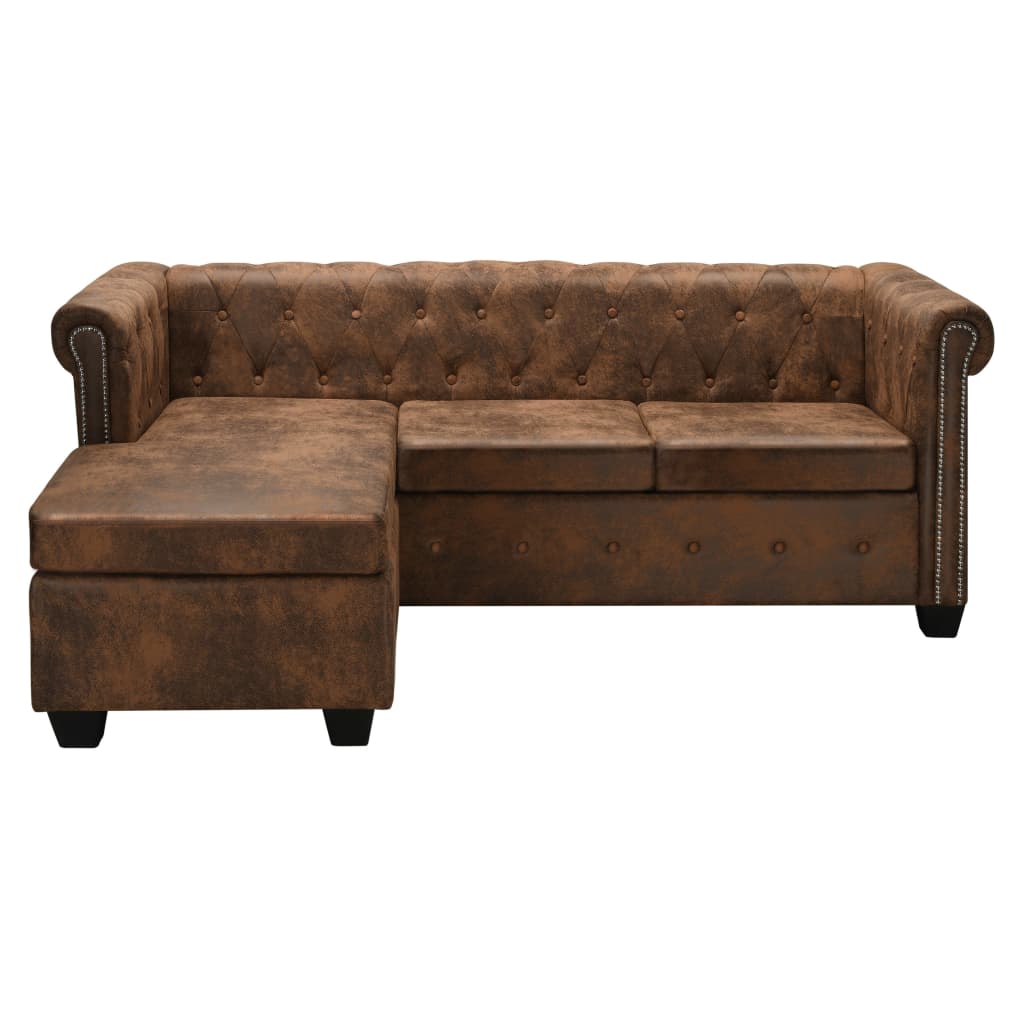 L-shaped Chesterfield Sofa Artificial Suede Leather Brown