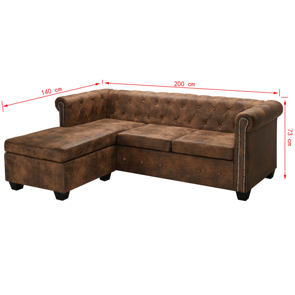 L-shaped Chesterfield Sofa Artificial Suede Leather Brown