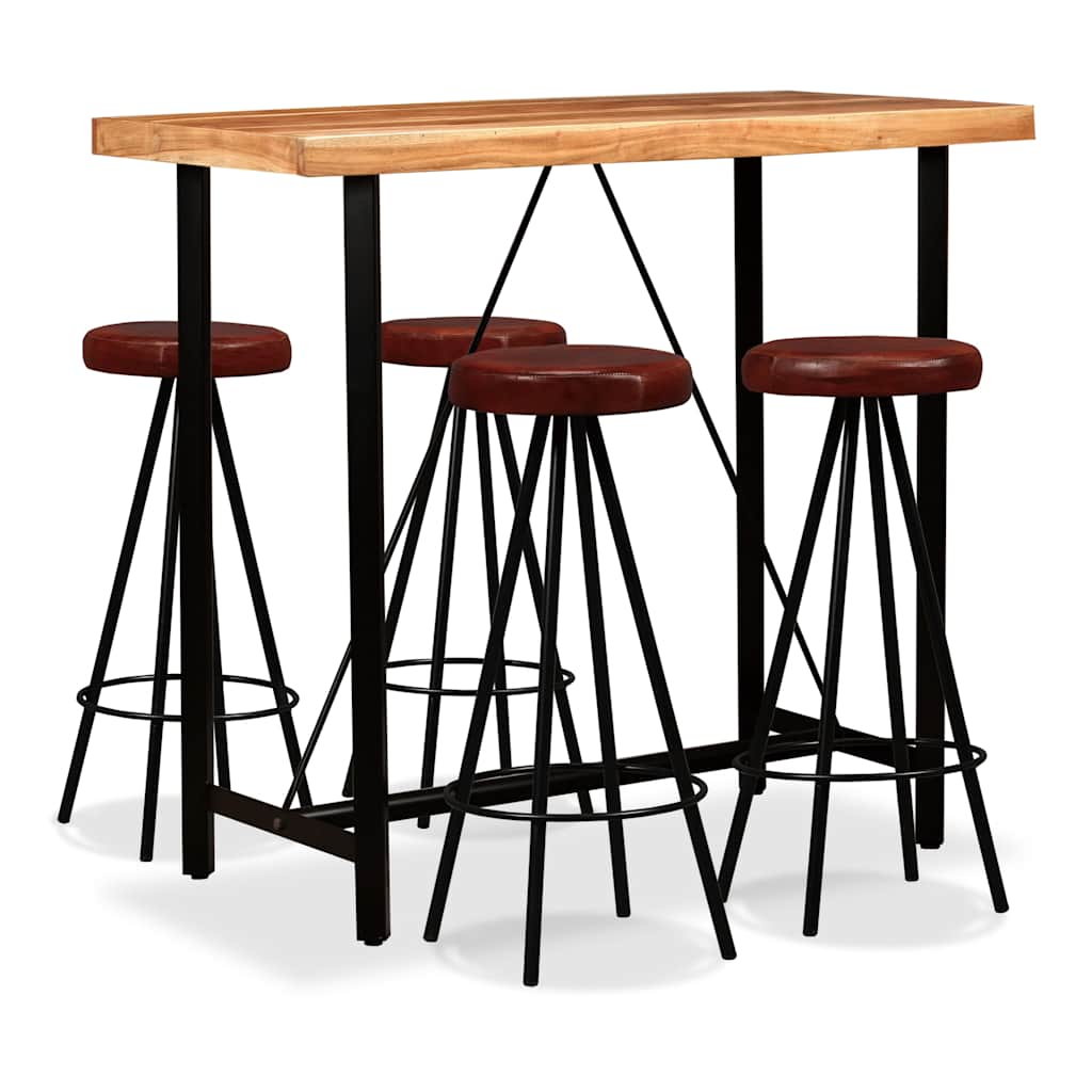 Bar Set 5 Pieces Solid Wood Acacia and Genuine Leather