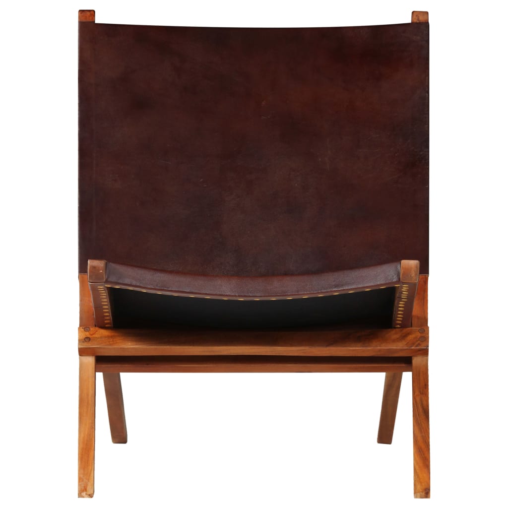 Folding Relaxing Chair Brown Real Leather