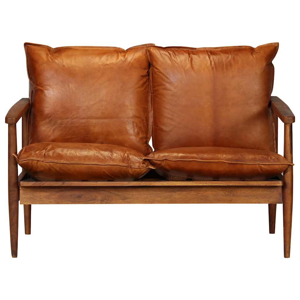 2-Seater Sofa Real Leather with Acacia Wood Brown