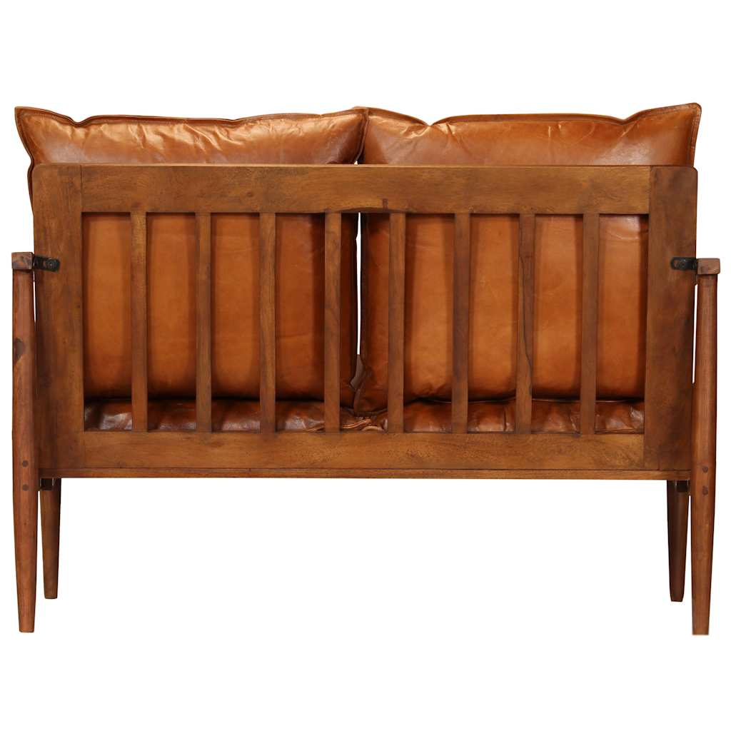 2-Seater Sofa Real Leather with Acacia Wood Brown