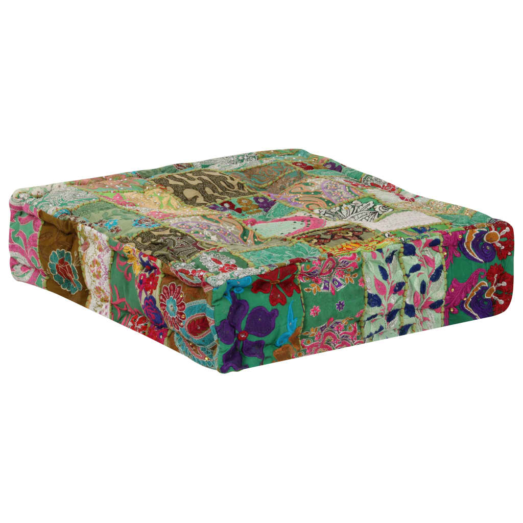 Patchwork Pouffe Square Cotton Handmade 50x50x12 Cm Green
