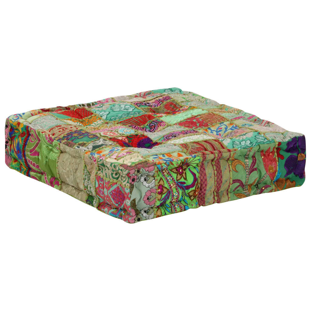 Patchwork Pouffe Square Cotton Handmade 50x50x12 Cm Green