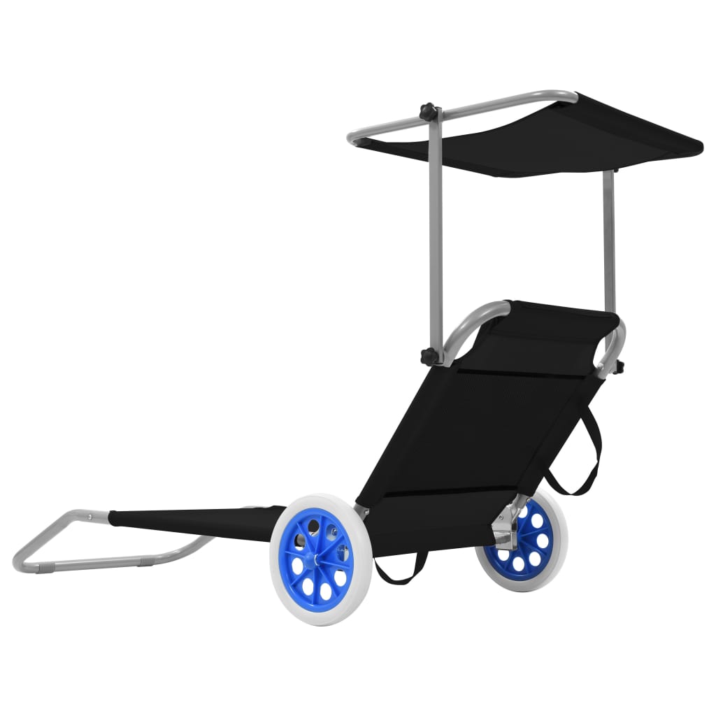 Folding Sun Lounger with Canopy and Wheels Steel Black