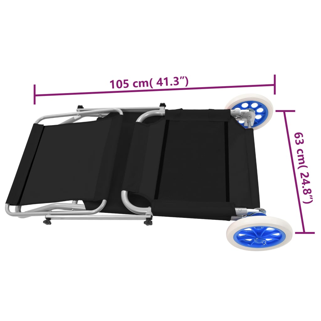 Folding Sun Lounger with Canopy and Wheels Steel Black