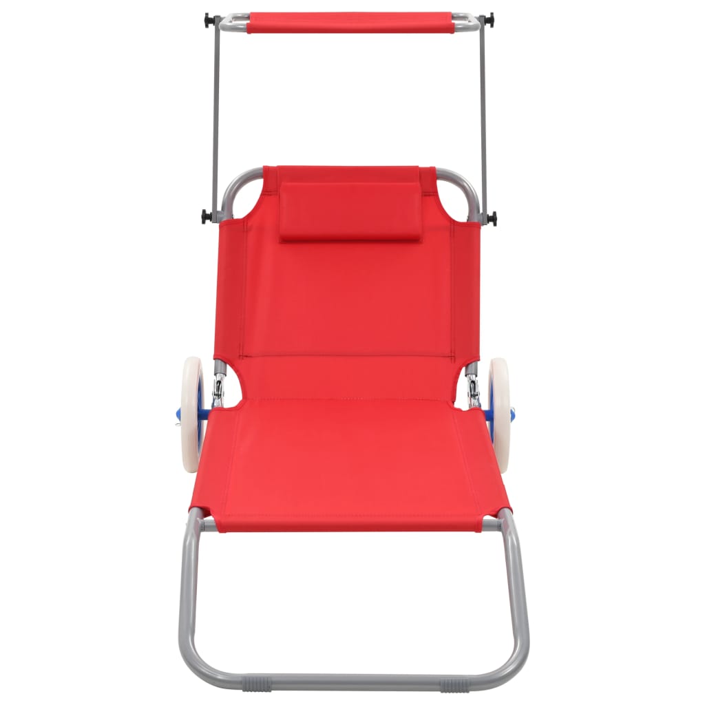 Folding Sun Lounger with Canopy and Wheels Steel Red