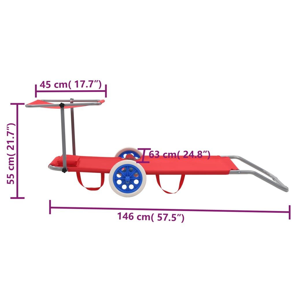 Folding Sun Lounger with Canopy and Wheels Steel Red