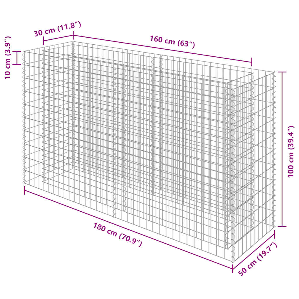 Gabion Raised Bed Galvanised Steel 180x50x100 cm