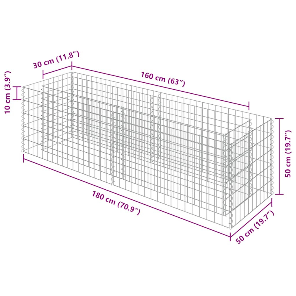 Gabion Raised Bed Galvanised Steel 180x50x50 cm