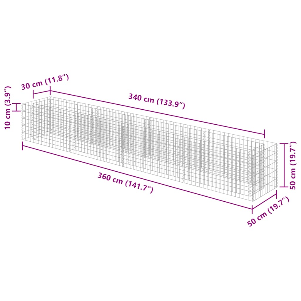 Gabion Raised Bed Galvanised Steel 360x50x50 cm