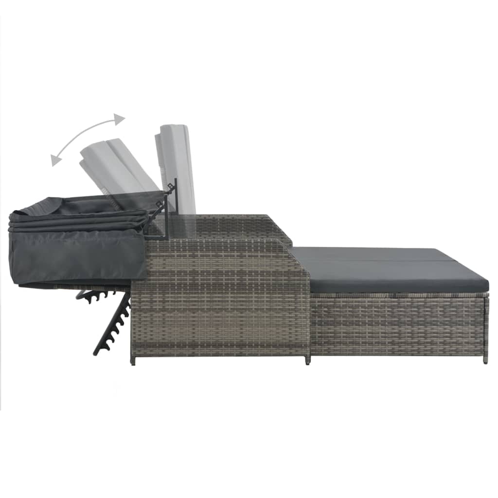 2-Person Sun Lounger with Canopy Poly Rattan Grey