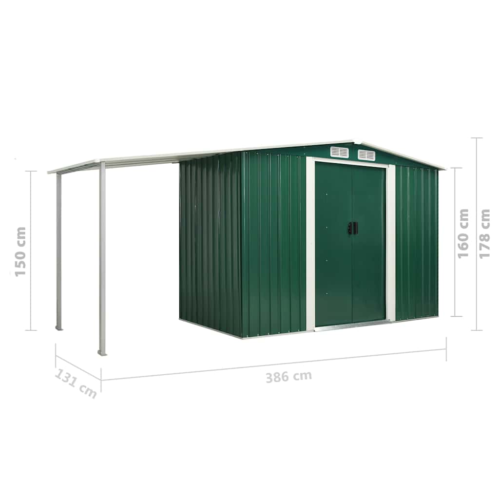 Garden Shed with Sliding Doors Green 386x131x178 cm Steel