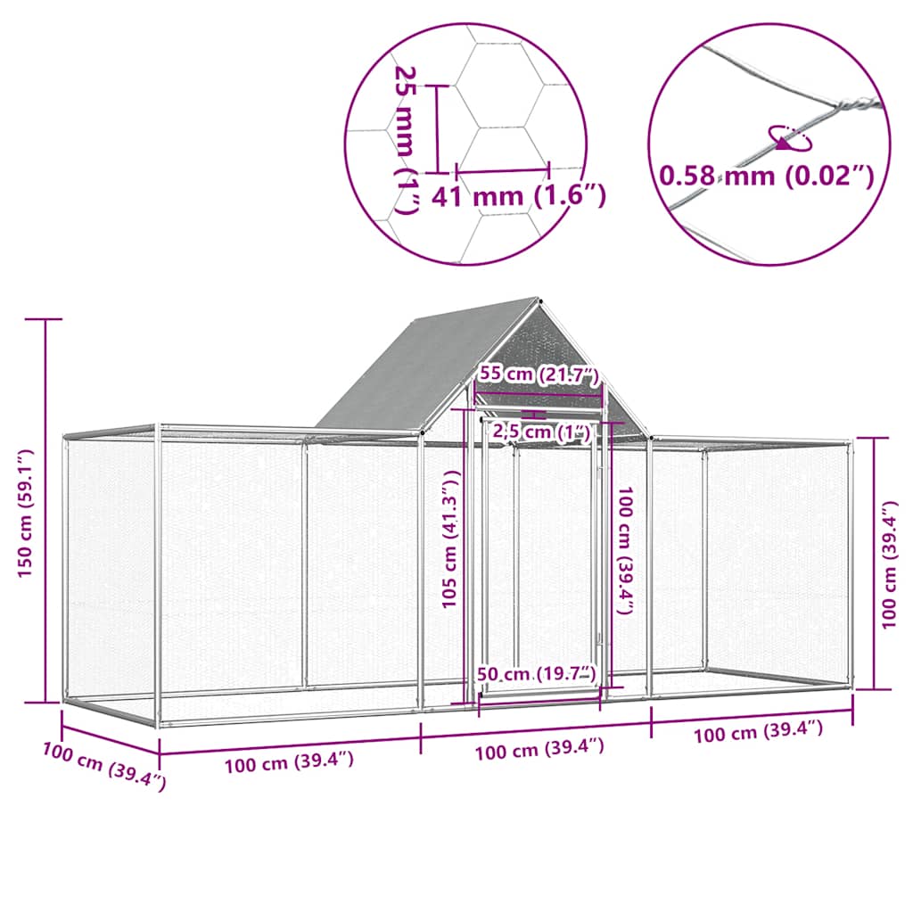 Chicken Coop 3x1x1.5 m Galvanised Steel