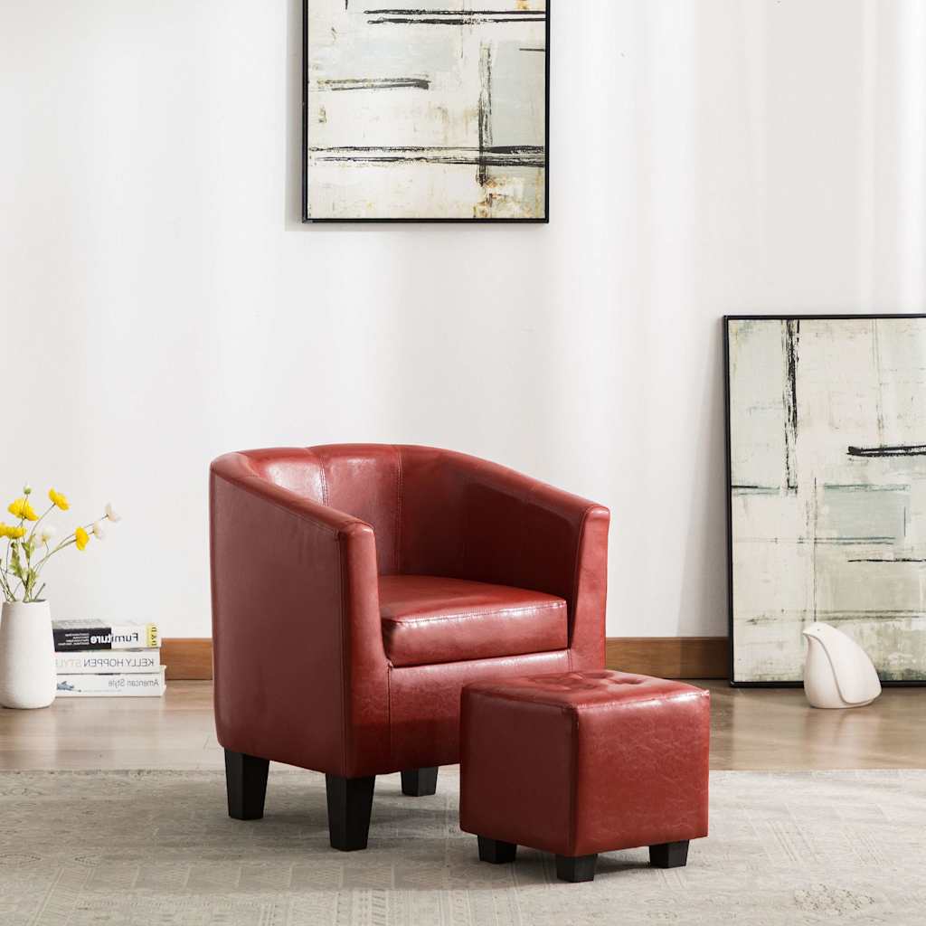 Tub Chair with Footstool Wine Red Faux Leather