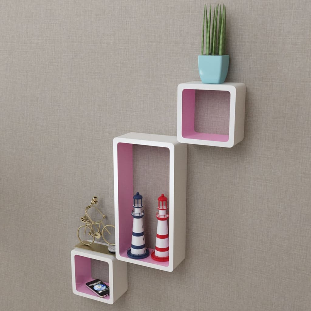 Wall Cube Shelves 6 pcs White and Pink