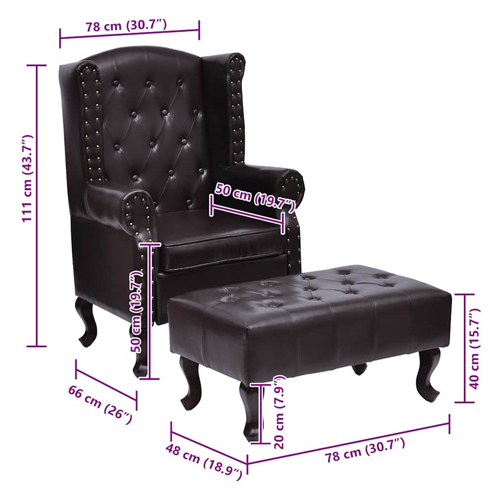 Armchair with Footstool Dark Brown Faux Leather