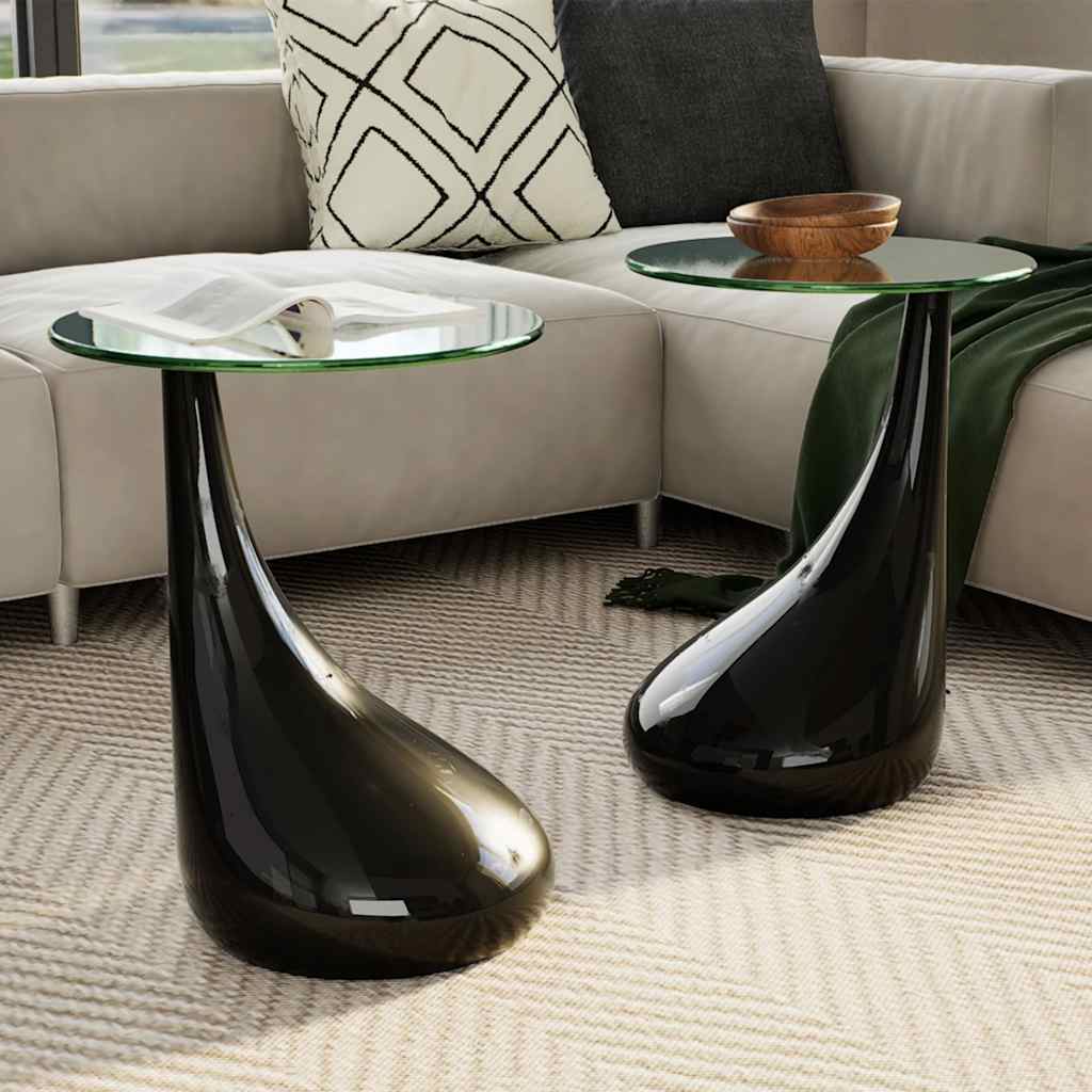Coffee Table 2 pcs with Round Glass Top High Gloss Black