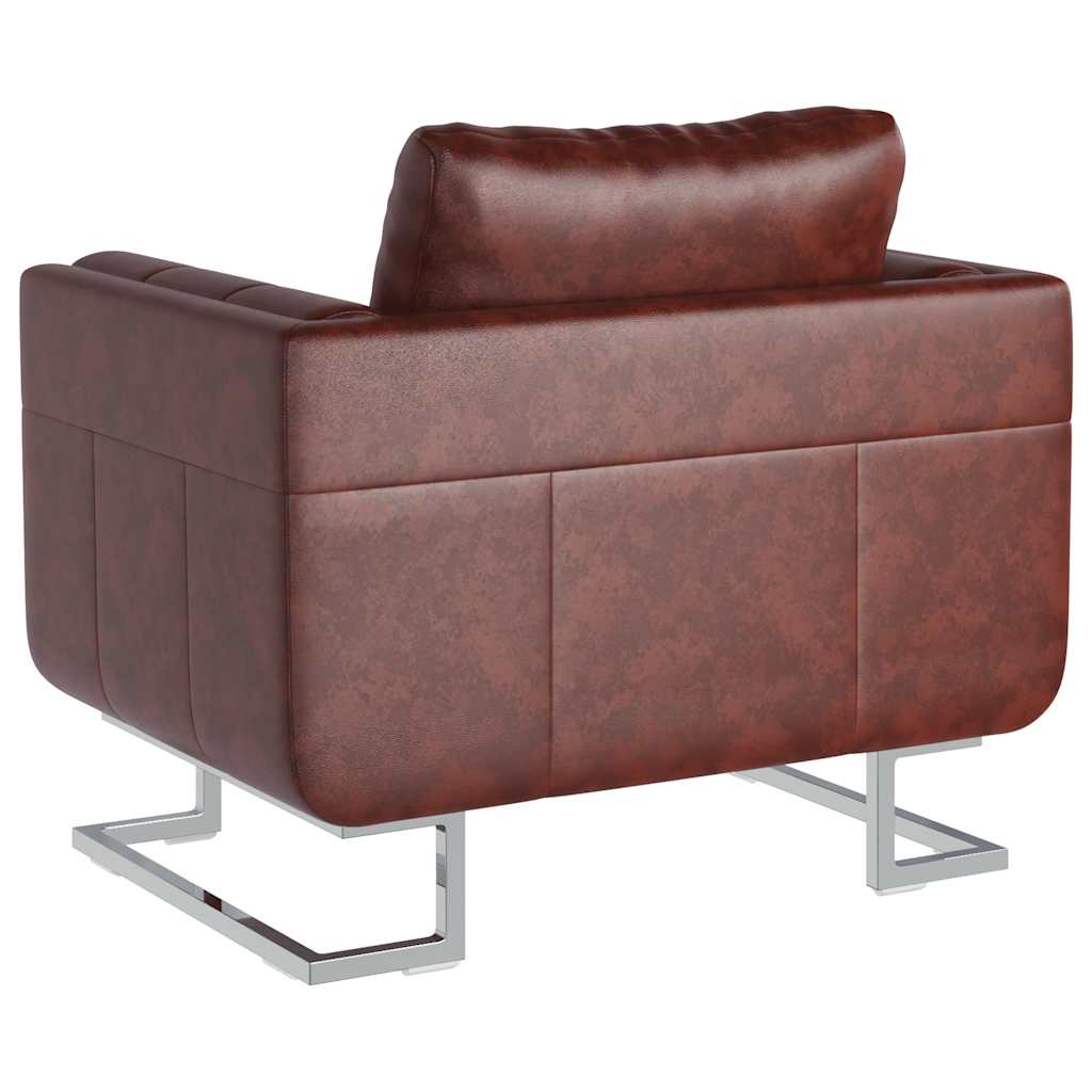 Cube Armchair with Chrome Feet Brown Faux Leather