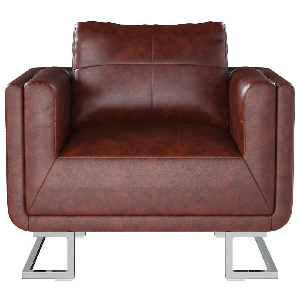 Cube Armchair with Chrome Feet Brown Faux Leather