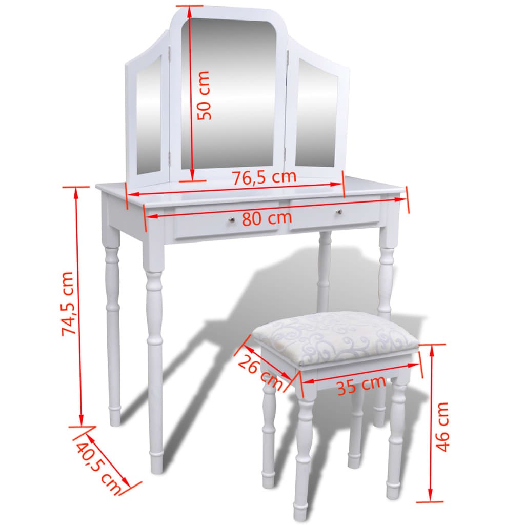 Dressing Table with 3-in-1 Mirror and Stool 2 Drawers White