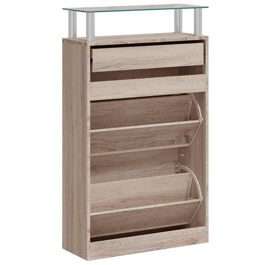 Shoe Cabinet with a Drawer and a Top Glass Shelf Wood Oak Look