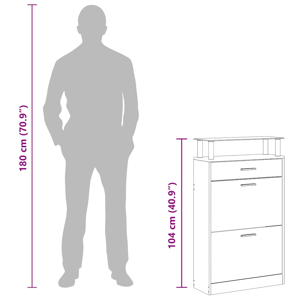 Shoe Cabinet with a Drawer and a Top Glass Shelf Wood Oak Look