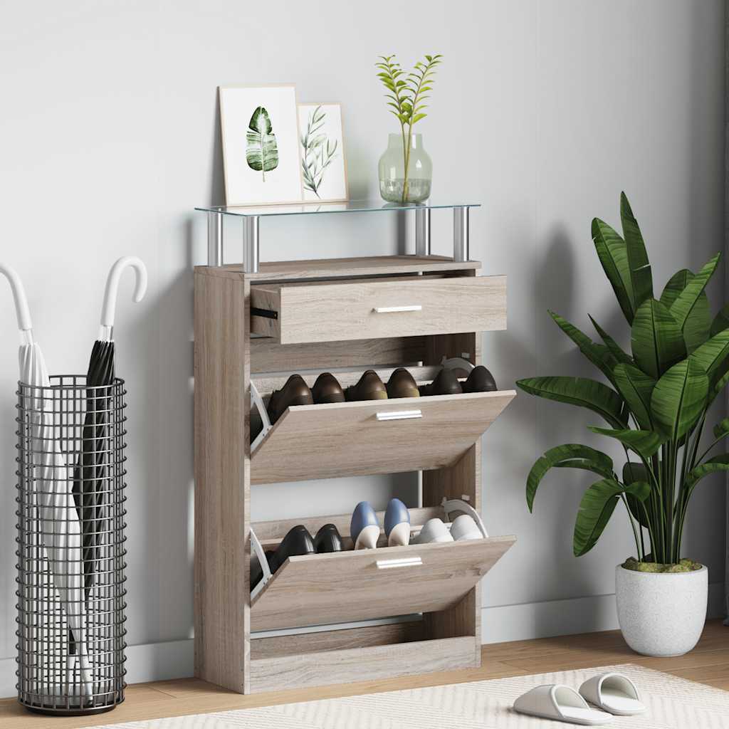 Shoe Cabinet with a Drawer and a Top Glass Shelf Wood Oak Look