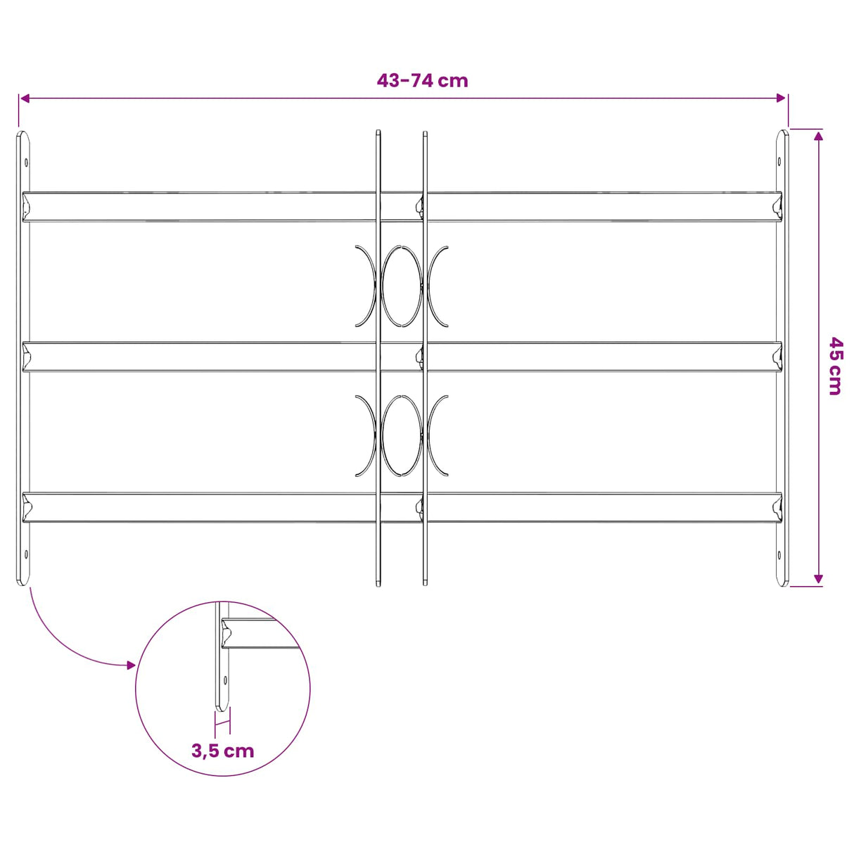 Adjustable Security Grille for Windows with 3 Crossbars 500-650 mm