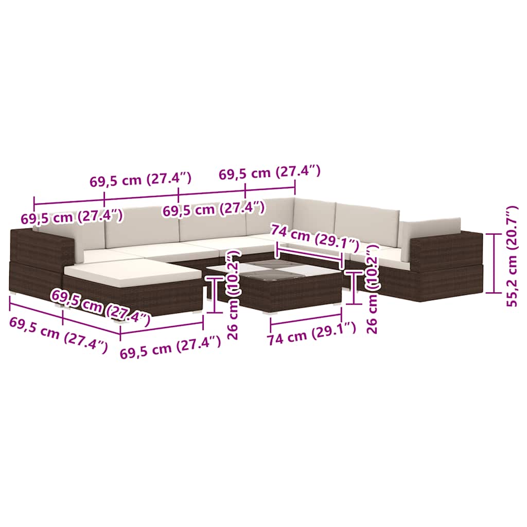 8 Piece Garden Lounge Set with Cushions Poly Rattan Brown