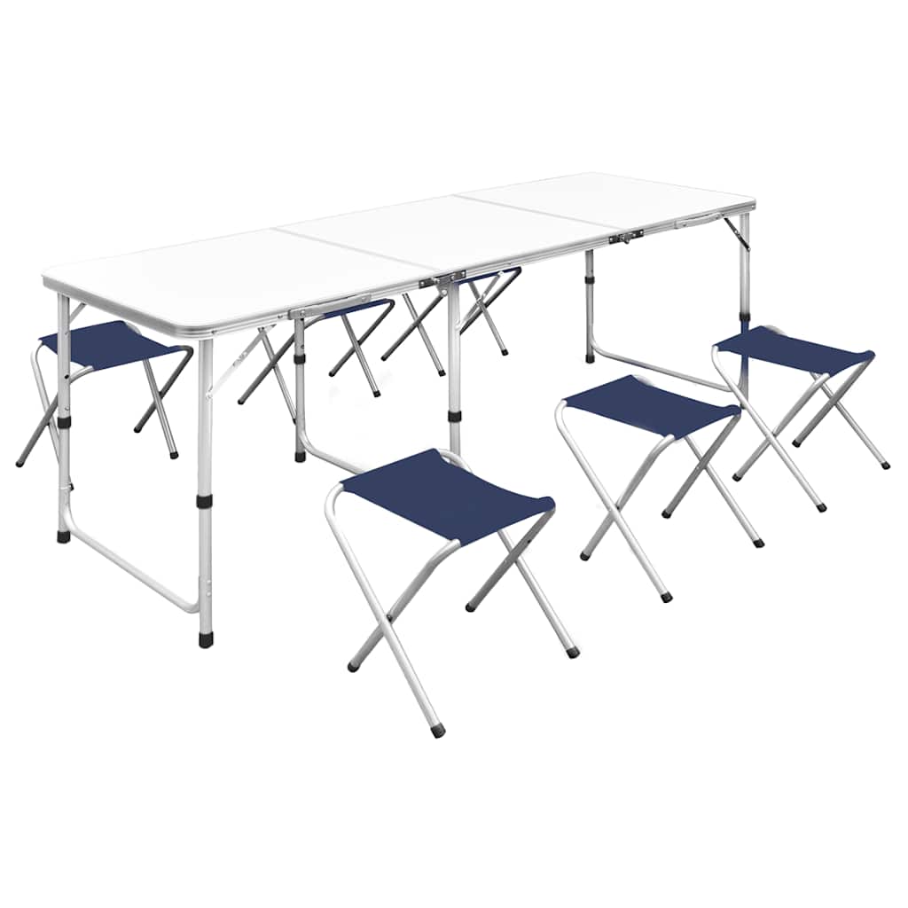 Foldable Camping Table Set with 6 Stools Height Adjustable 180 x 60 cm