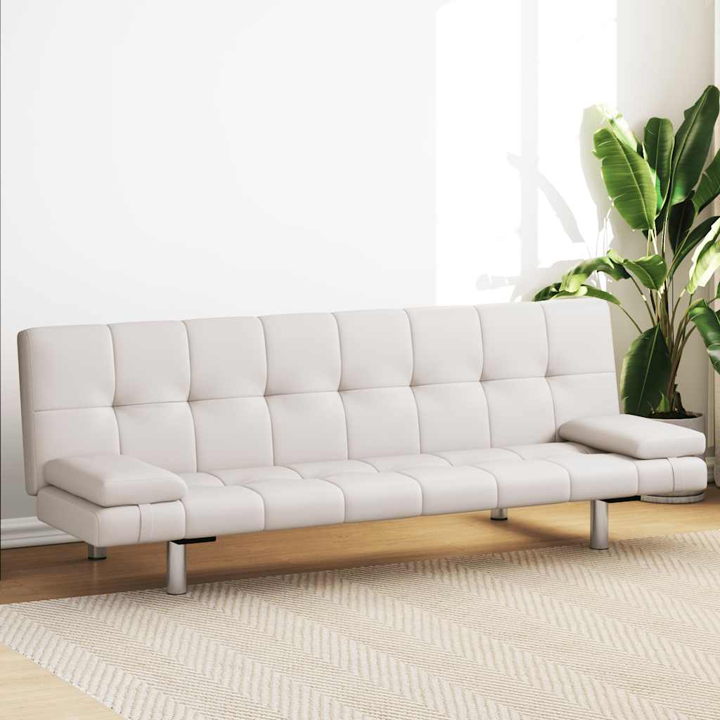 Sofa Bed with Two Pillows Artificial Leather Adjustable Cream White