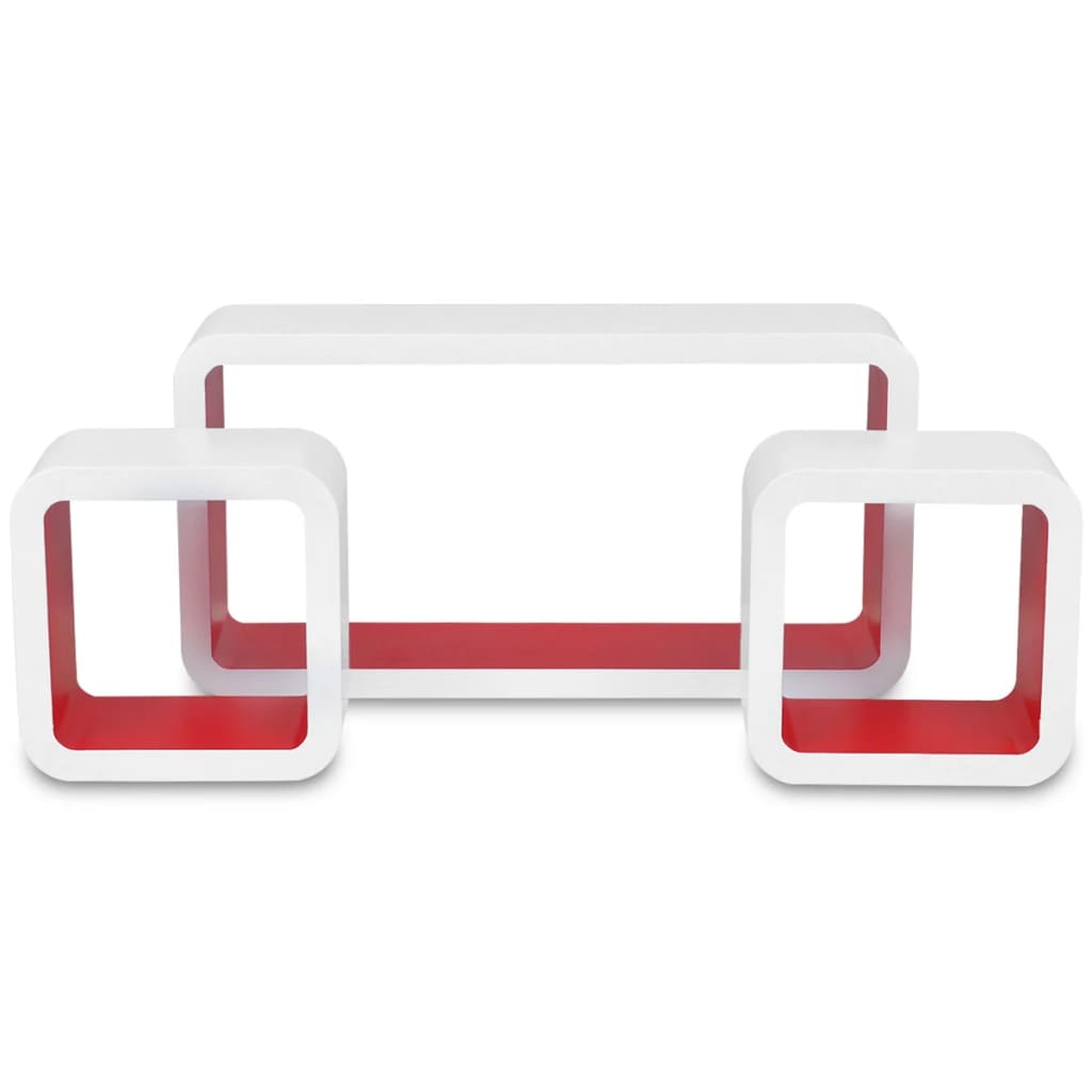 3 White-red MDF Floating Wall Display Shelf Cubes Book/DVD Storage