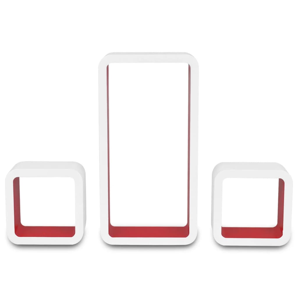 3 White-red MDF Floating Wall Display Shelf Cubes Book/DVD Storage
