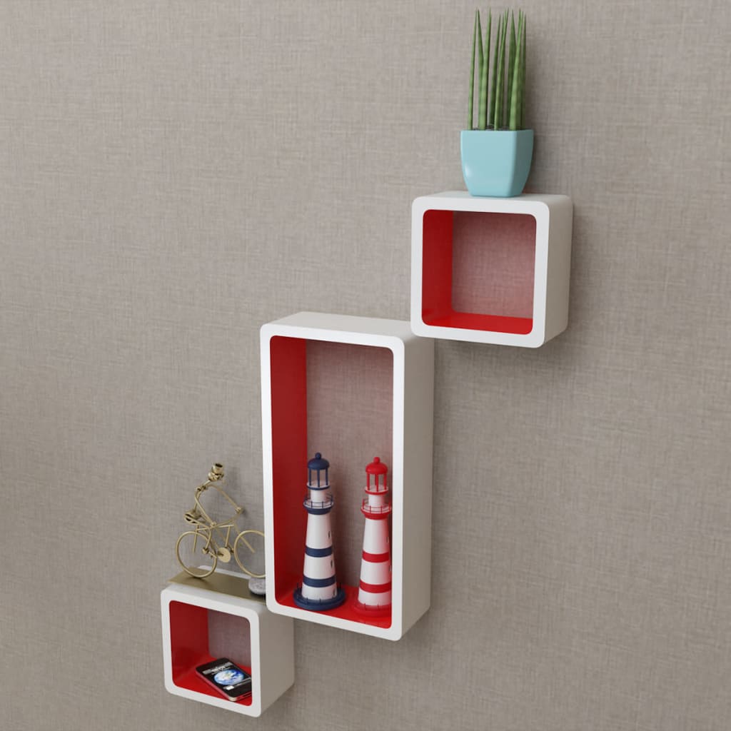 3 White-red MDF Floating Wall Display Shelf Cubes Book/DVD Storage