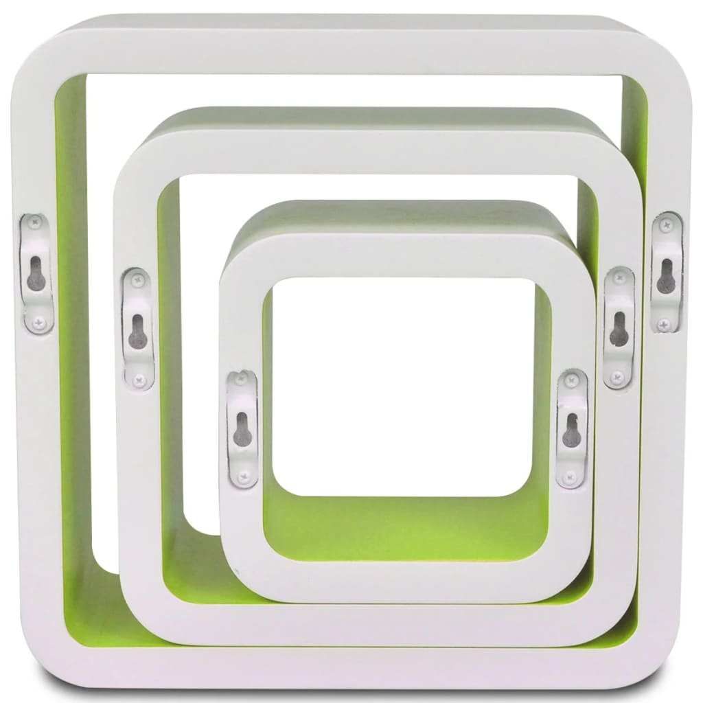 3 White-green MDF Floating Wall Display Shelf Cubes Book/DVD Storage