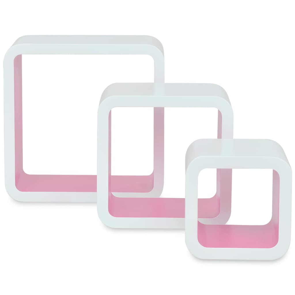 3 White-pink MDF Floating Wall Display Shelf Cubes Book/DVD Storage