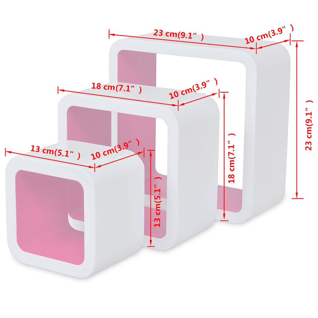 3 White-pink MDF Floating Wall Display Shelf Cubes Book/DVD Storage