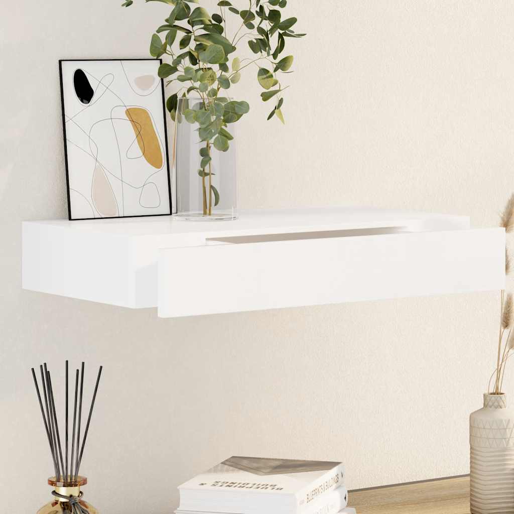 White MDF Floating Wall Display Shelf 1 Drawer Book/DVD Storage