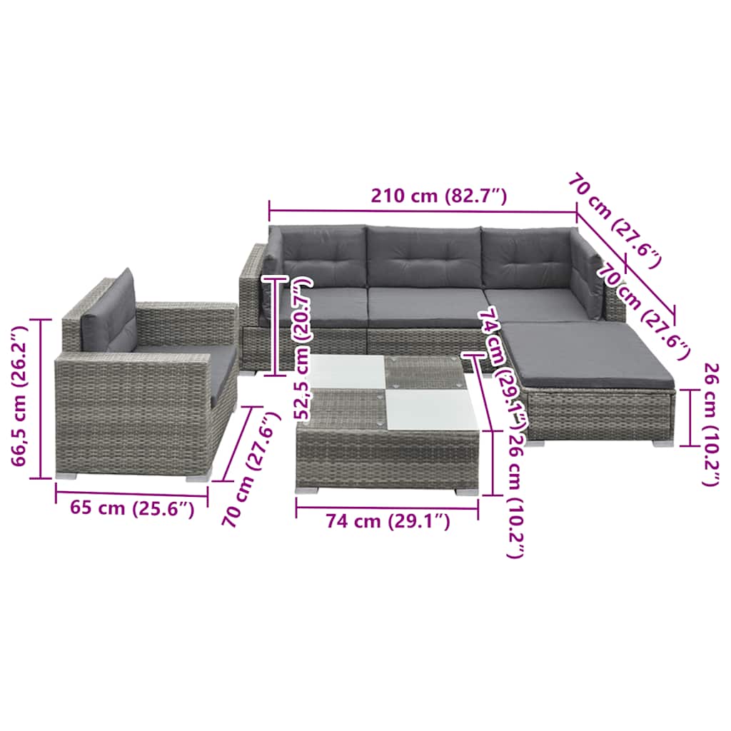 6 Piece Garden Lounge Set with Cushions Poly Rattan Grey