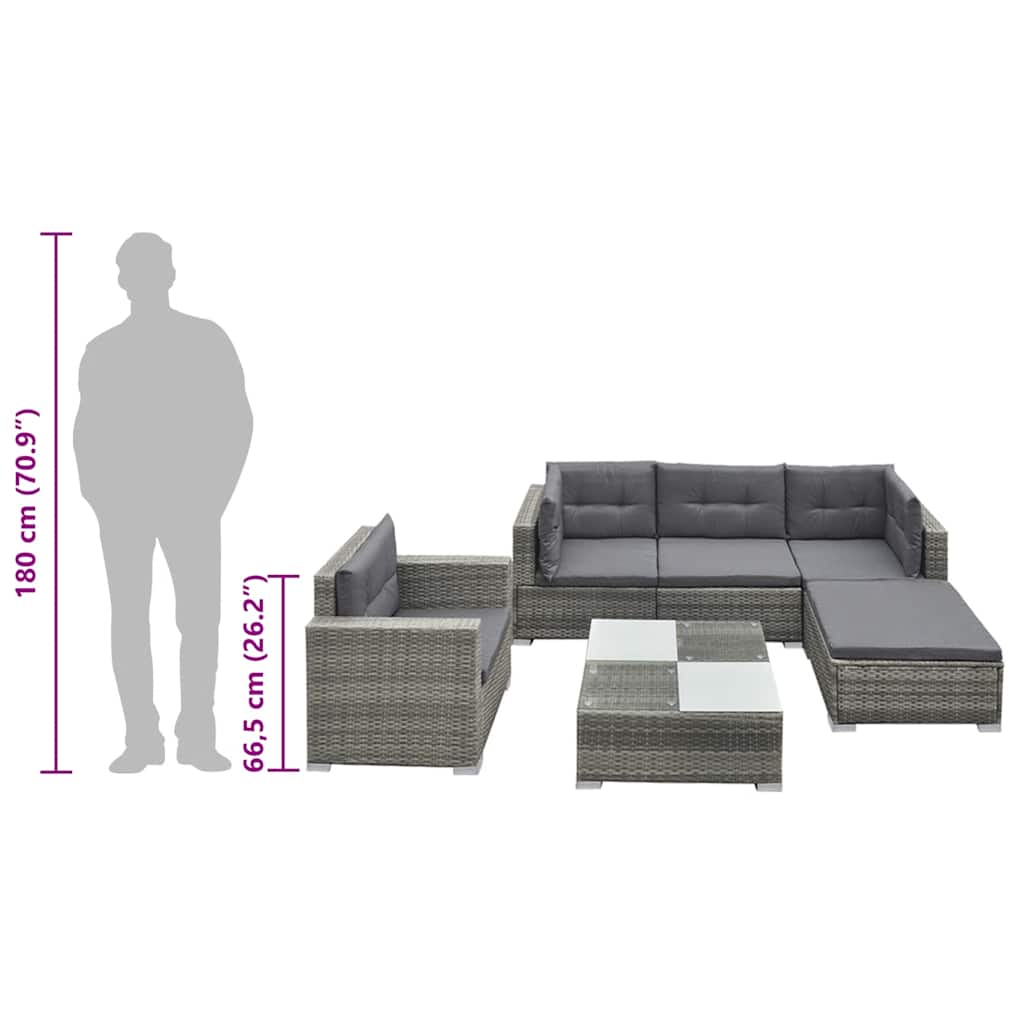 6 Piece Garden Lounge Set with Cushions Poly Rattan Grey